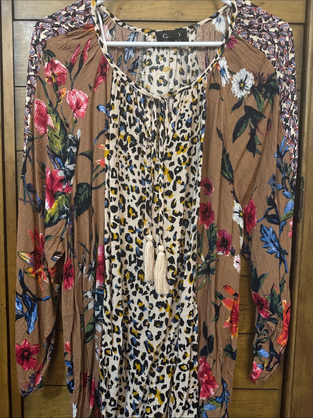 Mixed-Print Long Sleeve Maxi Dress in Brown with Floral & Leopard